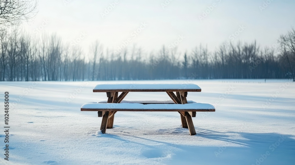 Poster snow-covered picnic table in an empty park with space for copy in the snowy scene