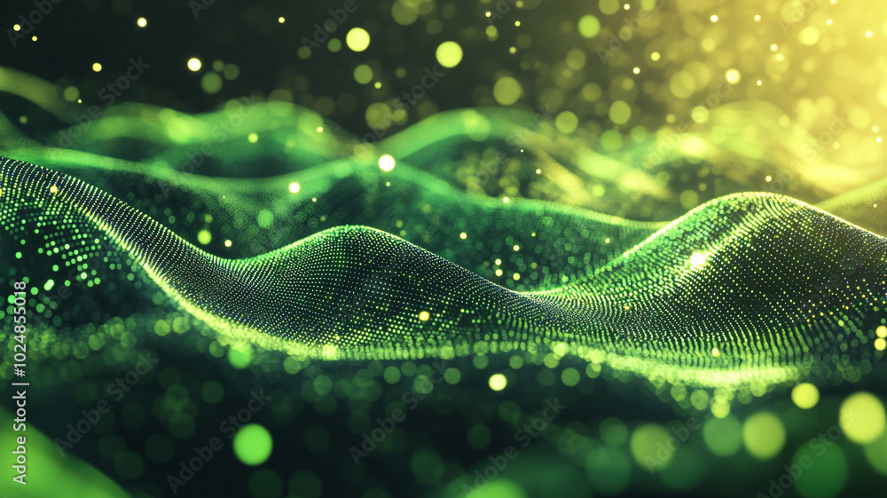 Poster captivating green wave patterns with shimmering particles in an abstract digital landscape