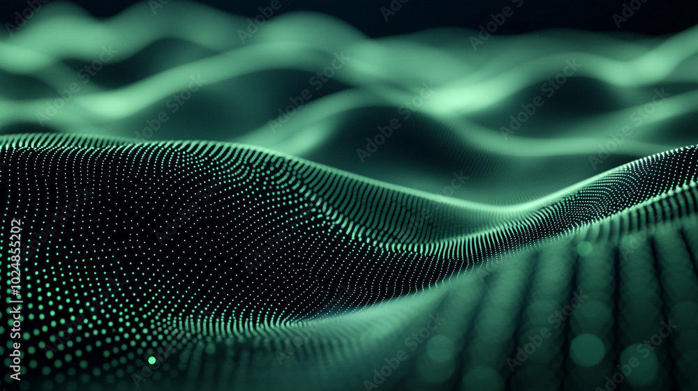 Poster abstract representation of digital waves with intricate dot patterns in a dark setting