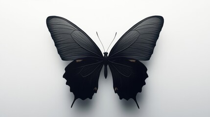 Fototapeta premium Black butterfly silhouette with wings spread wide, creating a strong contrast against a simple, bright white background.