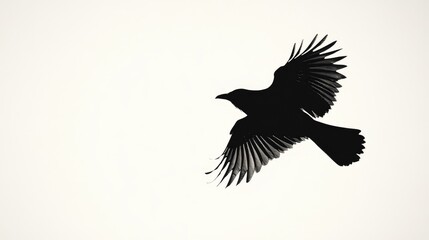 Obraz premium Black silhouette of a bird mid-flight, starkly set against a bright white background, emphasizing simplicity and contrast.