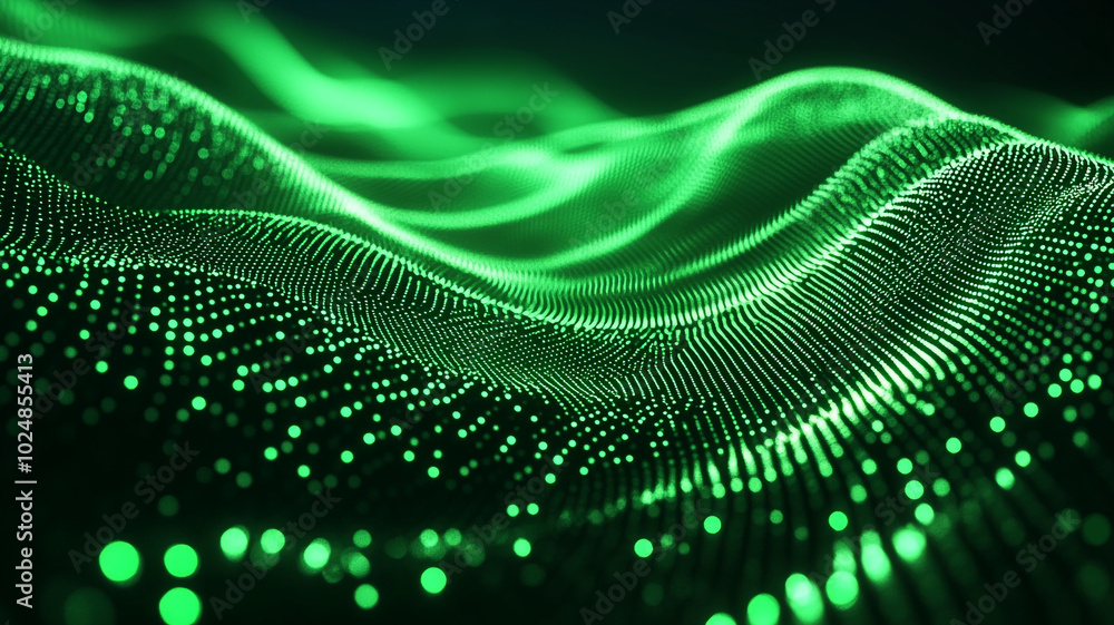 Poster waves of green digital patterns undulating in a dark environment with a high-tech atmosphere