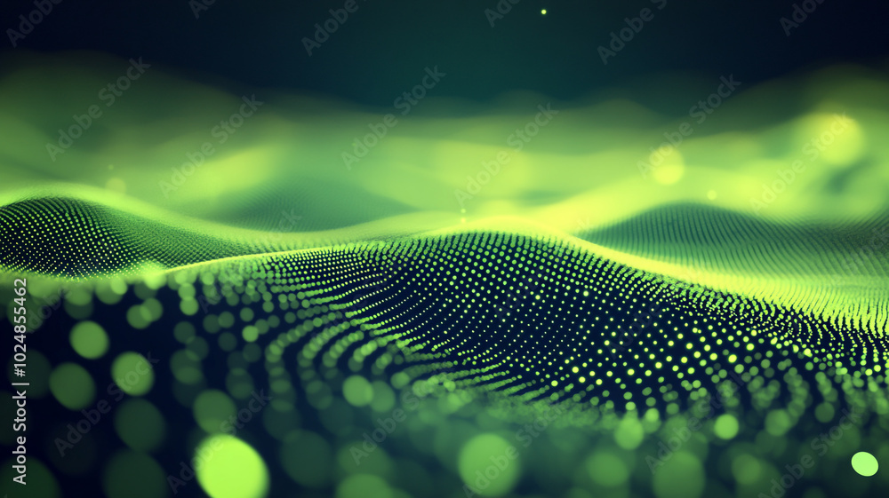 Poster vibrant green wave patterns showcasing digital abstraction and depth in a virtual landscape