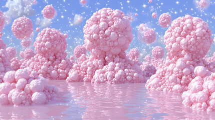 A surreal landscape with pink bubble-like formations floating in a pink liquid with a blue sky and white clouds in the background.