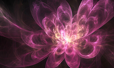 Abstract pink and yellow flower with glowing petals on a dark background.