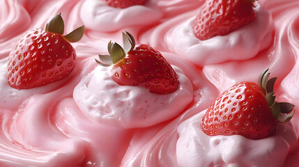 A close-up of pink dessert topped with fresh strawberries.