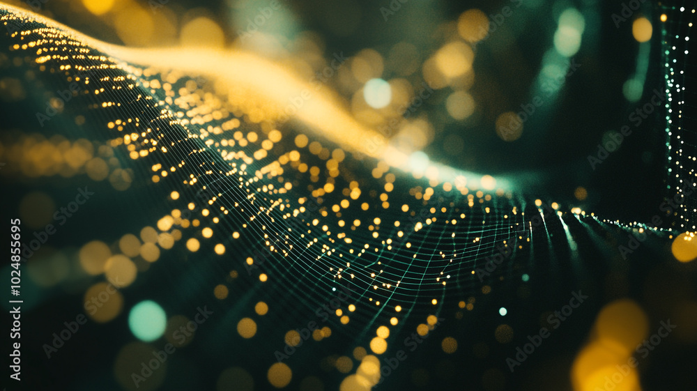 Poster abstract representation of flowing particles in vibrant colors within a digital environment