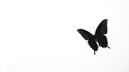 Fototapeta premium Butterfly in flight, captured as a black silhouette, standing out vividly against a stark white background for a minimalist scene.