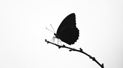 Obraz premium Minimalist image of a butterflyas black silhouette gently perched, with a white background emphasizing the delicate contrast.