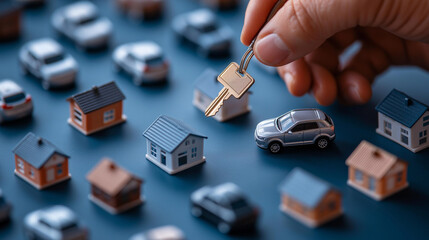 Fototapeta premium A hand holds a key over a miniature car and houses, symbolizing a choice in real estate.