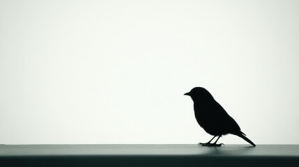Fototapeta premium Minimalist scene of a birdas black silhouette sitting quietly, outlined against a vivid white background, creating a dramatic contrast.
