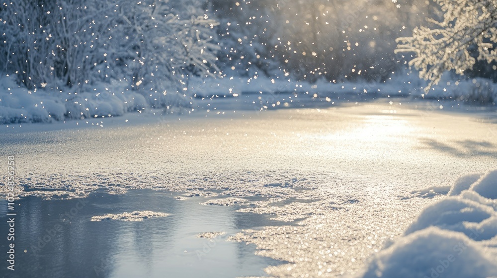 Aufkleber snowflakes falling gently on a frozen pond with a large open space for copy