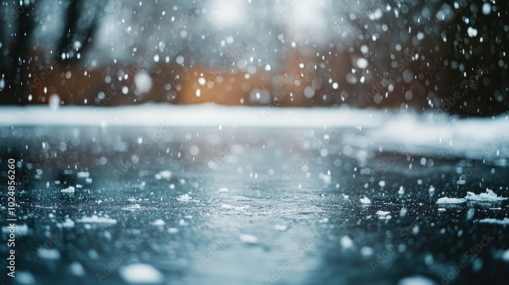 Poster snowflakes falling gently on a frozen pond with a large open space for copy