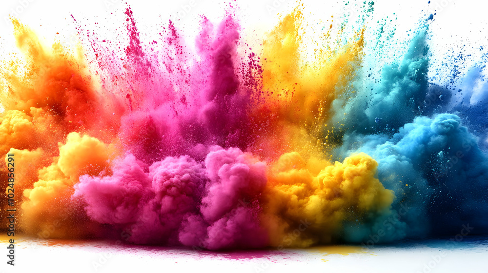 Poster vibrant explosion of colored powder creating a dynamic visual effect.