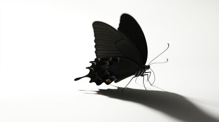 Obraz premium Simple yet captivating scene of a butterflyas black silhouette against a bright white background, emphasizing its elegant form.