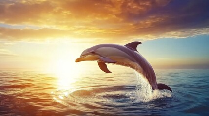 Fototapeta premium Dolphin Leaping Above Serene Ocean at Sunset