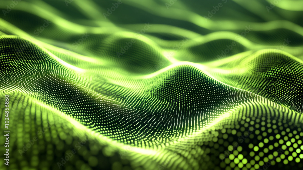 Poster abstract digital landscape with green dot patterns creating a wave-like texture