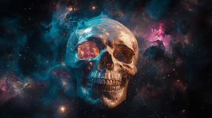 A skull appearing to dissolve into a swirl of galaxies and star clusters, with cosmic dust and bright nebulae glowing around it. The skull reflects hues of neon pink, cyan, and gold,