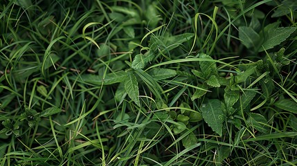 Obraz premium A close up of a patch of green grass and leaves.
