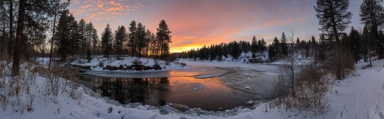 Winter landscape at sunrise. Christmas background.