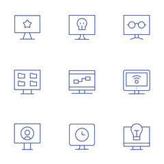 Computer screen icons set. Thin Line style, editable stroke. idea, share, reading mode, tv, computer
