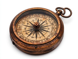 A solitary antique compass, symbolizing adventure and direction, isolate on white background. 