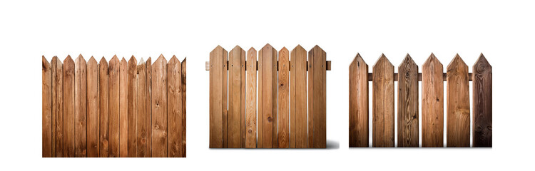A wooden fence with pointed tops, three sections on a white background