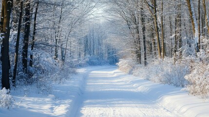 Obraz premium Snowy trail leading into a winter forest with an open sky for text or graphics