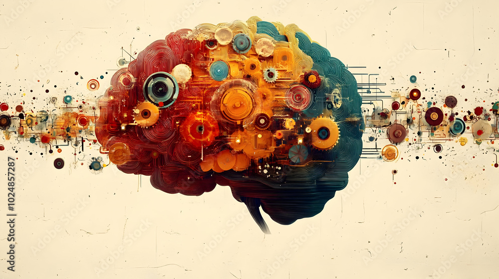 Aufkleber abstract brain illustration with colorful gears and patterns.