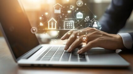 A person's hand typing on a laptop keyboard with digital icons hovering above.