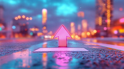 A glowing neon arrow points upward on a city street, symbolizing progress and aspirations.