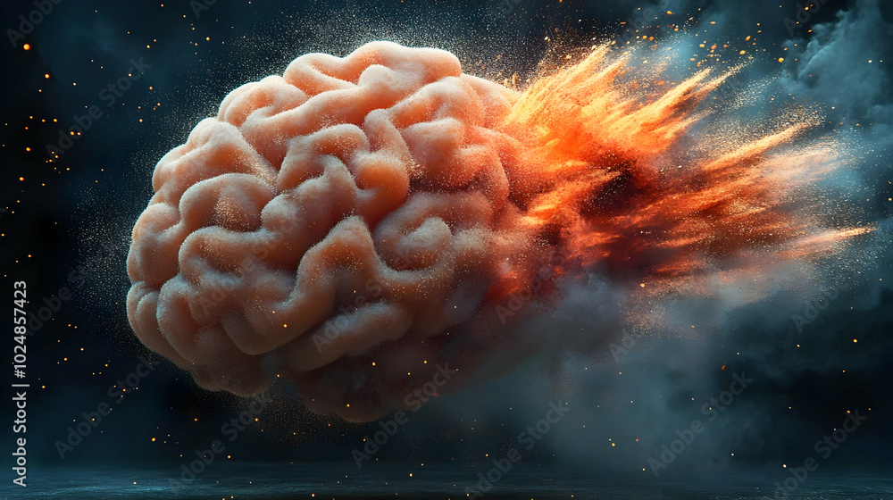 Poster a surreal depiction of a brain exploding with energy and sparks.