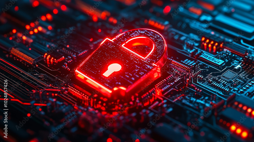 Poster red glowing padlock icon on circuit board depicting cybersecurity and data protection in a technolog