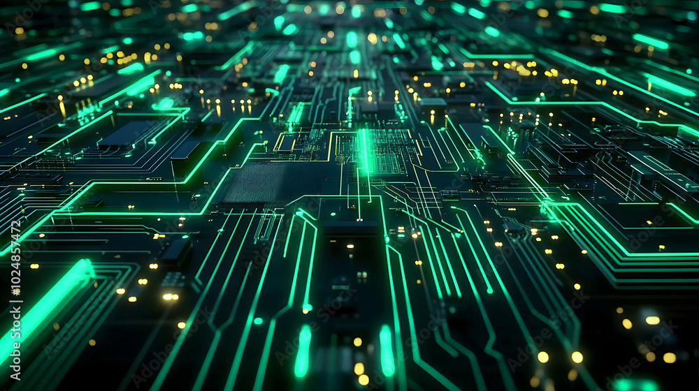 Poster neon green futuristic circuit board pattern on black background for tech product display or concept