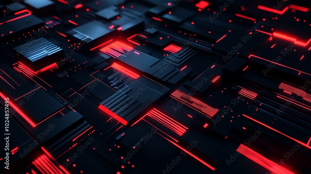 Poster abstract digital pattern with glowing red lines on a dark surface depicting futuristic technology