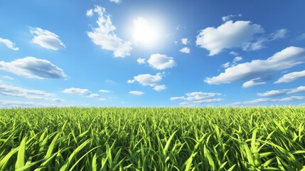 Lush Green Grass, Blue Sky, White Fluffy Clouds on a Sunny Day. Nature Background, Summer Landscape