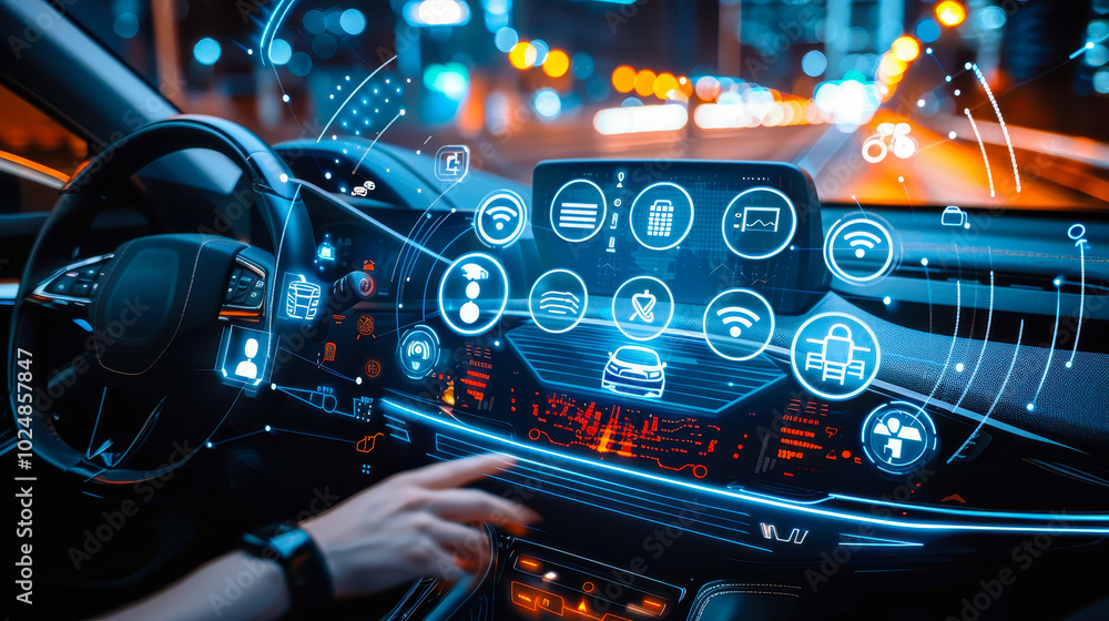 Poster futuristic connected car with intelligent heads up display and graphical user interface at night, in