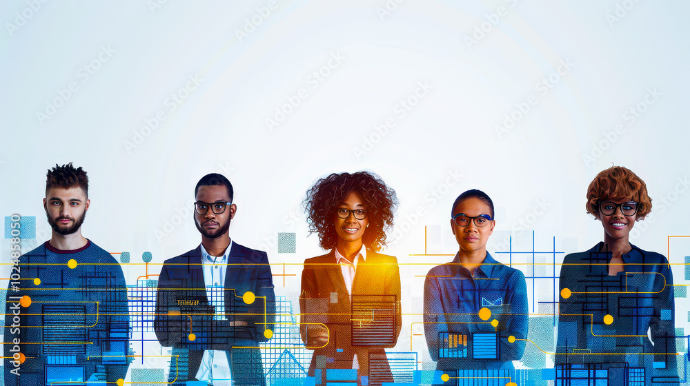 Poster multinational team with abstract digital interface conceptualizing digital transformation and system