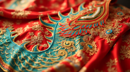 Fototapeta premium Beautifully detailed embroidery adorns bright red fabric, showcasing traditional designs associated with Lunar New Year. The craftsmanship reflects cultural heritage and artistic skill
