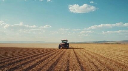 Naklejka premium Tractor planting seeds in a vast field, with open sky providing space for copy. No people in the scene