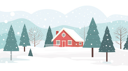 Flat illustration featuring a cozy house set against a serene winter landscape, perfect for winter-themed designs