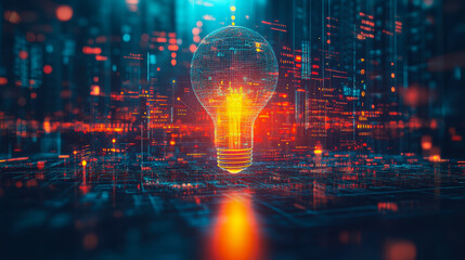 Innovative Business Consulting Concept: Digital Light Bulb Representing Expertise and Ideas in AI-driven Cityscape at Night