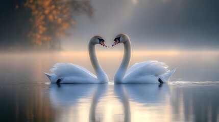 Couple of swans swimming on a calm lake An elegant pair of swans swimming in sync on a smooth lake surrounded by lush vegetation.