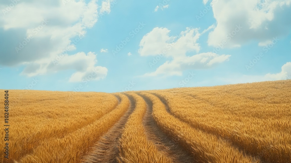 Poster tractor tracks through a wheat field, with open space in the sky for text or branding. no people in 
