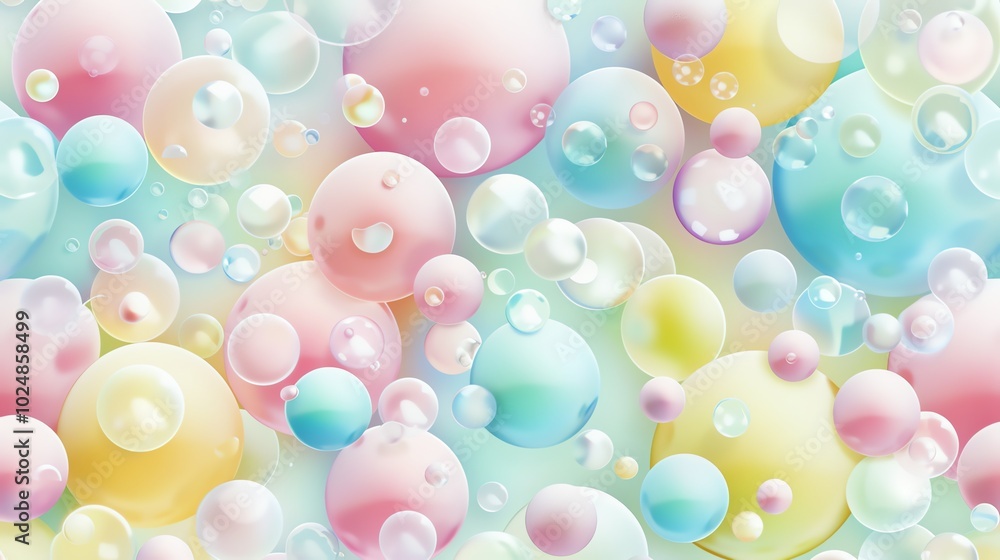 Poster a background of pastel-colored spheres and bubbles in a random pattern.