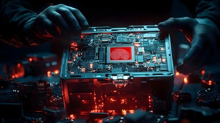 Fototapeta premium High Tech Fingerprint Scanner Embedded in a Detective s Briefcase Scanning Surfaces for Vital Clues During a Criminal Investigation Futuristic Cyberpunk Style Security and Forensic Technology