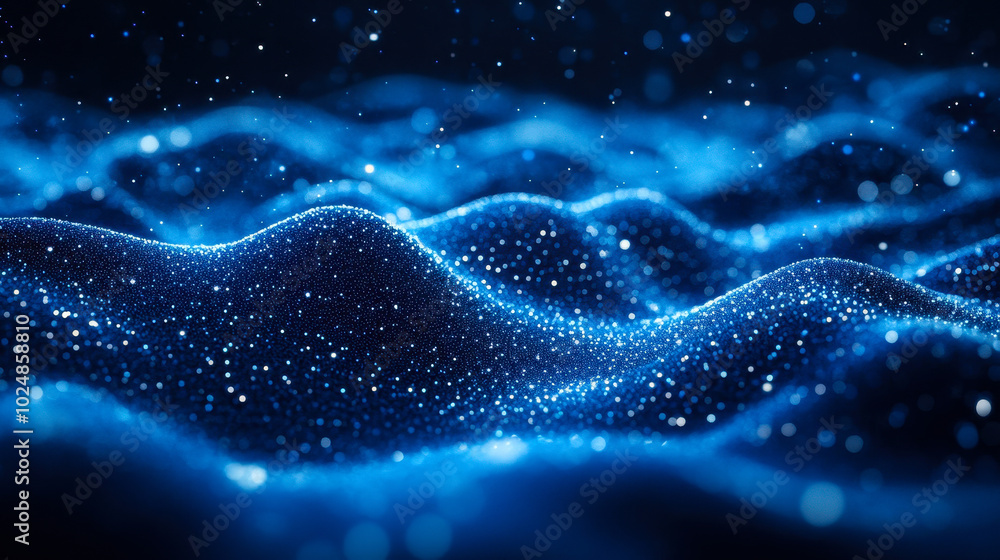 Poster abstract digital blue dotted wave background with glowing particles and dynamic light effects repres