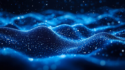 Abstract Digital Blue Dotted Wave Background with Glowing Particles and Dynamic Light Effects Representing Data, Technology, and Futuristic Design Ideal for Tech Presentations and Digital Art Projects
