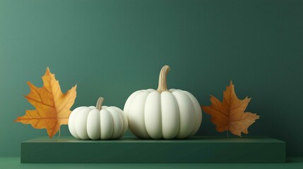 Decorative podium with white fresh pumpkin and autumn leaf on green table
