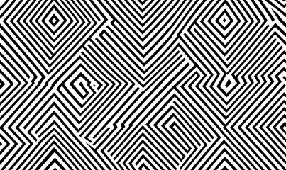 Abstract black and white geometric pattern with repeating squares and lines.